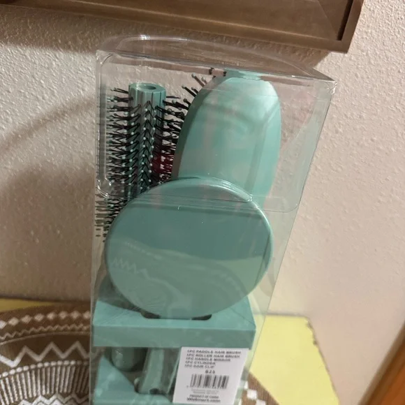 🆕 5 PC Mint Green Beauty Set - 2 Hair Brushes, Mirror, Hair-clip & Organizer - Picture 4 of 4